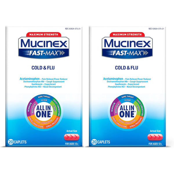 Two boxes of Mucinex Fast-Max Max Strength Cold and Flu Medicine, 20 caplets each, provide multi-symptom relief including sore throat for ages 12+.